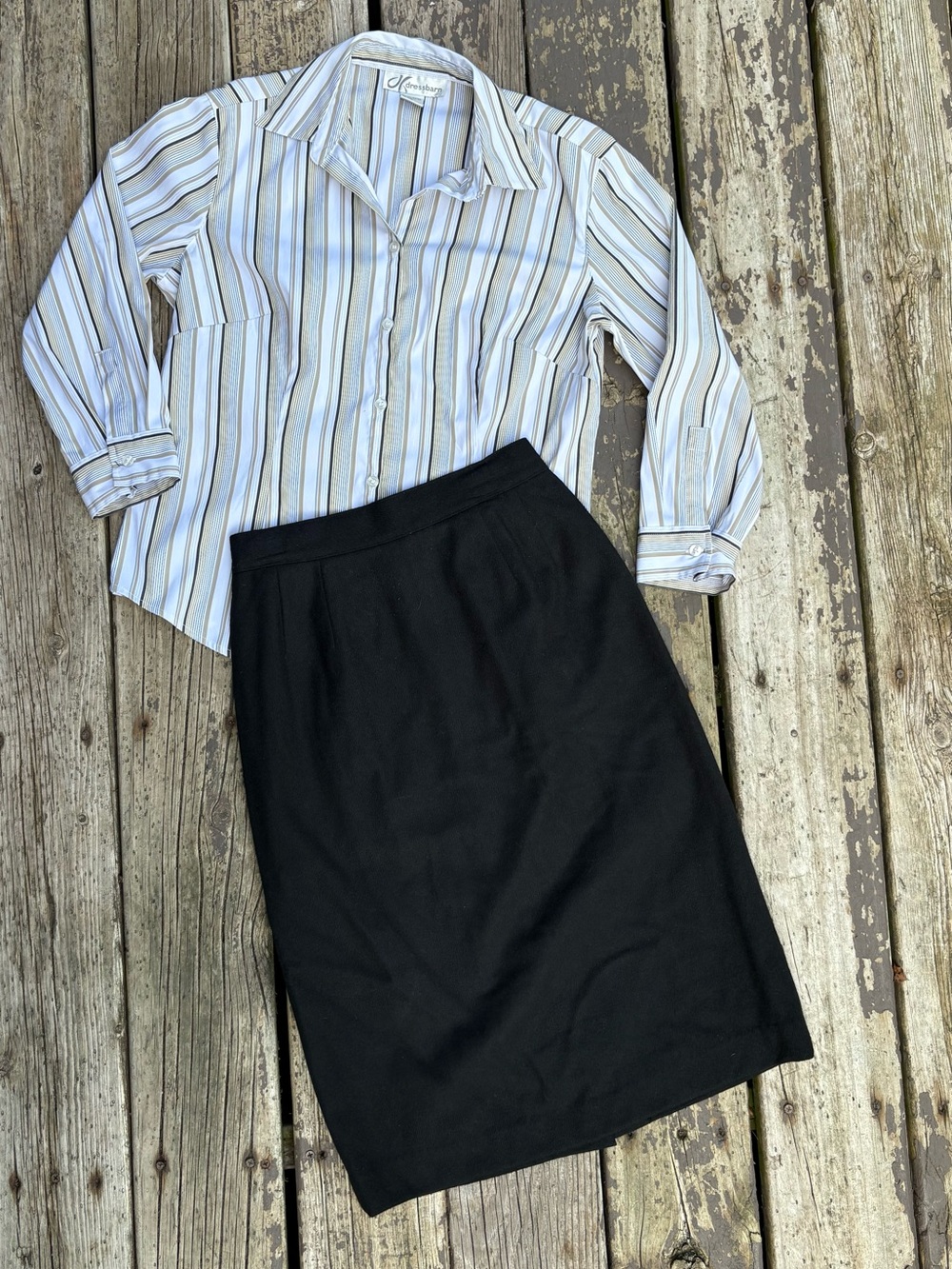 Classic Black Pencil Wool Skirt and Striped Dressbarn Blouse size S